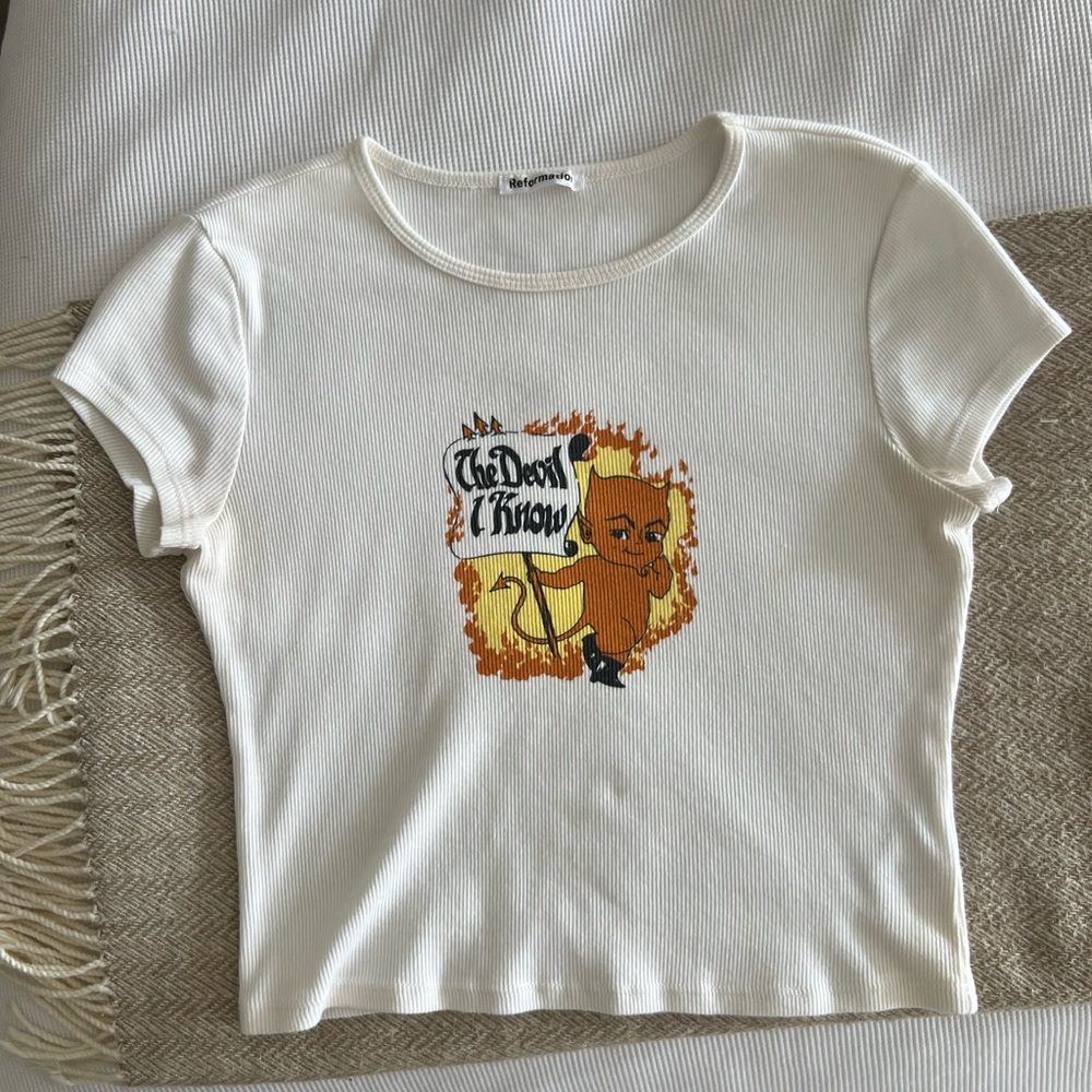 Reformation Cream Graphic Crop Top